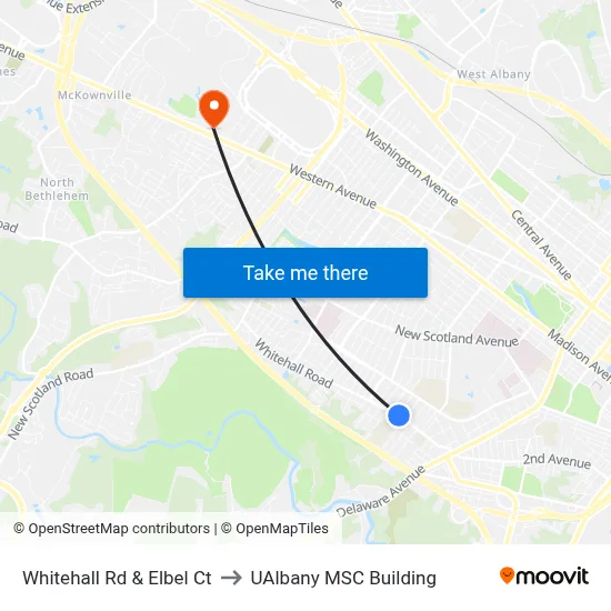 Whitehall Rd & Elbel Ct to UAlbany MSC Building map