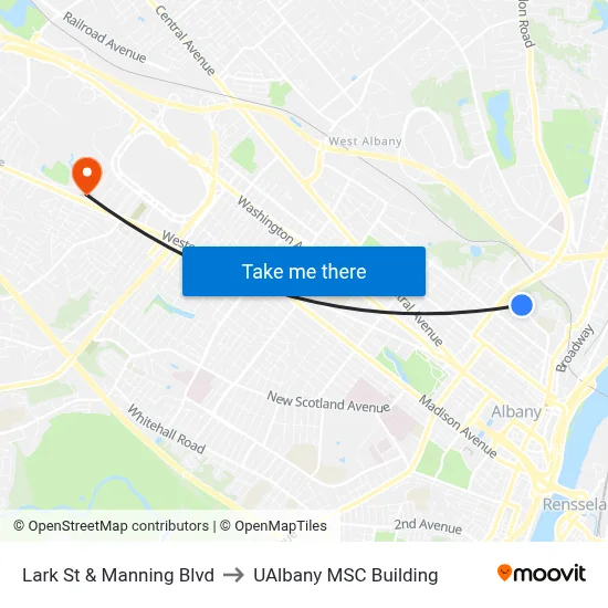 Lark St & Manning Blvd to UAlbany MSC Building map