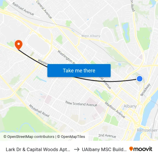 Lark Dr & Capital Woods Apts #1 to UAlbany MSC Building map