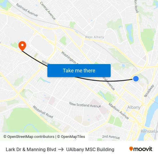 Lark Dr & Manning Blvd to UAlbany MSC Building map