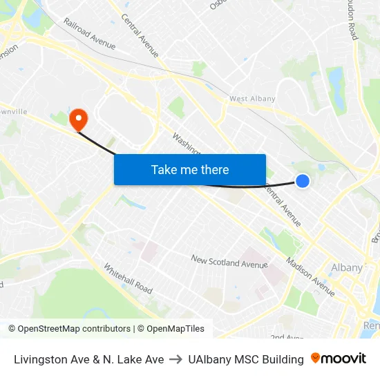 Livingston Ave & N. Lake Ave to UAlbany MSC Building map