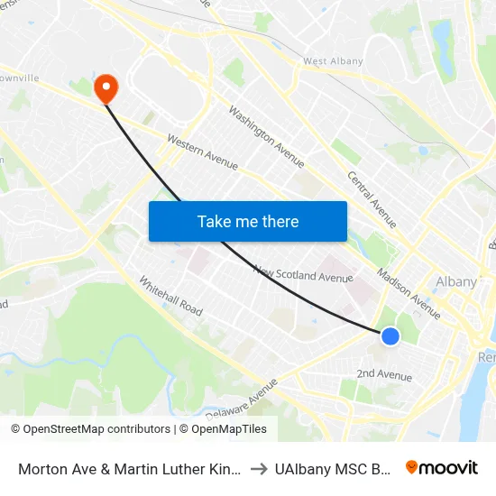 Morton Ave & Martin Luther King Jr. Blvd to UAlbany MSC Building map