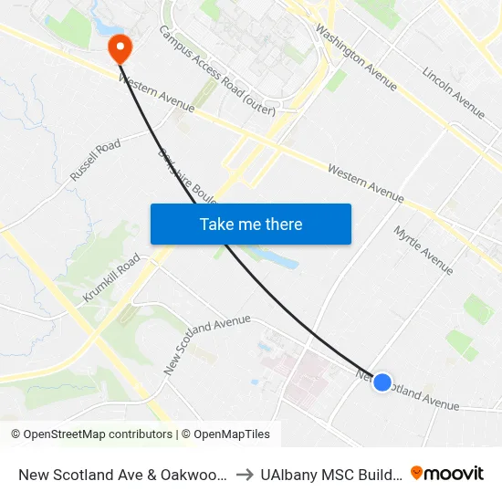 New Scotland Ave & Oakwood St to UAlbany MSC Building map