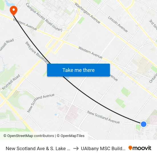 New Scotland Ave & S. Lake Ave to UAlbany MSC Building map