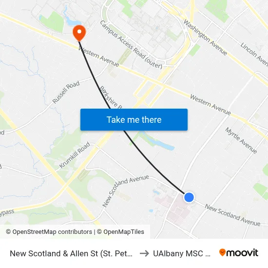 New Scotland & Allen St (St. Peter's Hospital) to UAlbany MSC Building map