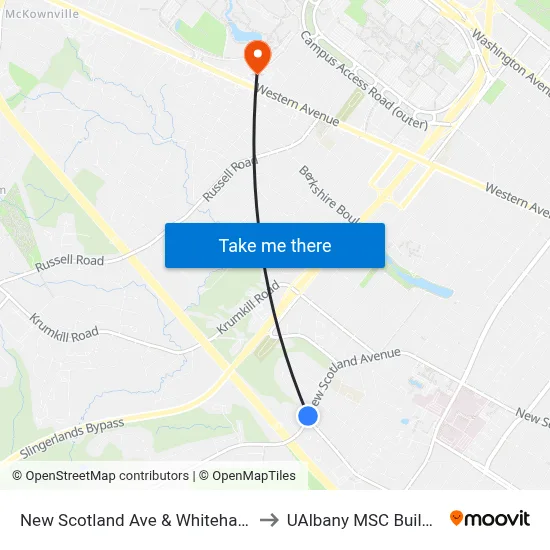 New Scotland Ave & Whitehall Rd to UAlbany MSC Building map