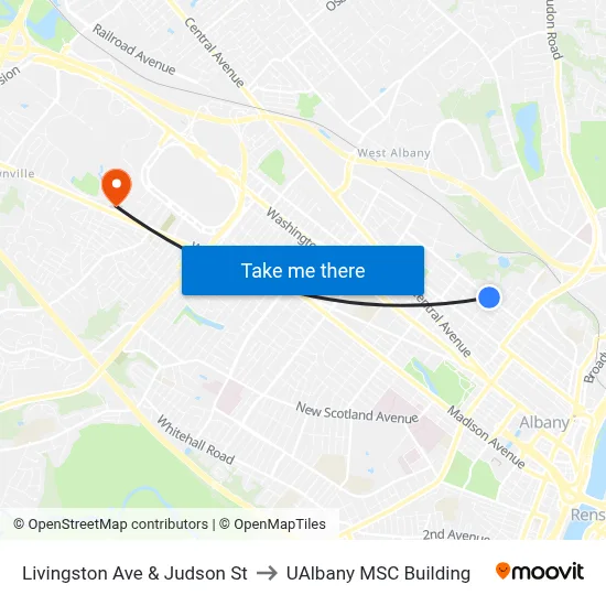 Livingston Ave & Judson St to UAlbany MSC Building map