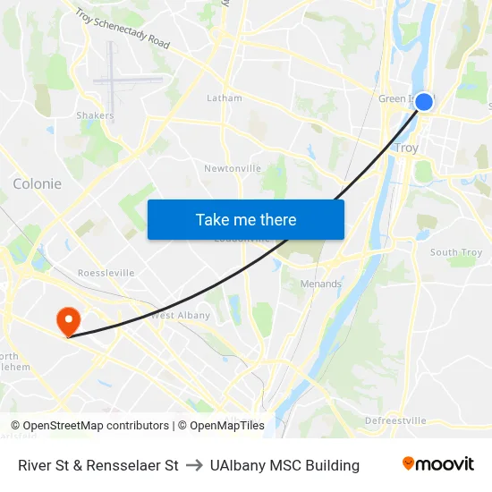 River St & Rensselaer St to UAlbany MSC Building map