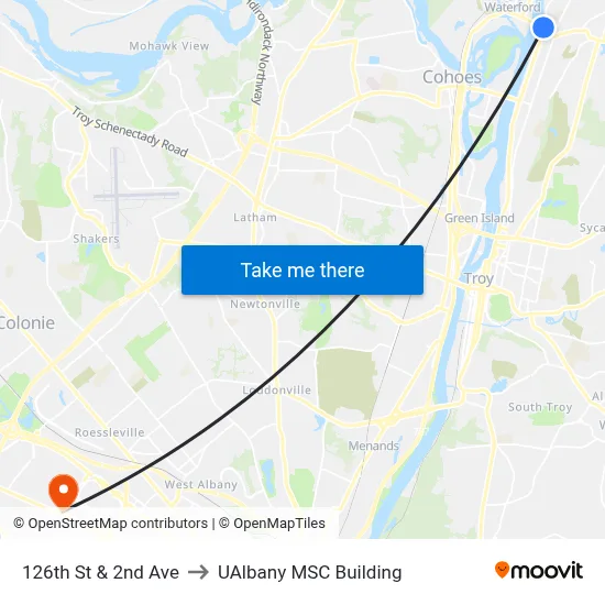 126th St & 2nd Ave to UAlbany MSC Building map