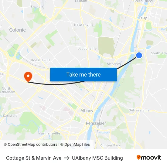 Cottage St & Marvin Ave to UAlbany MSC Building map