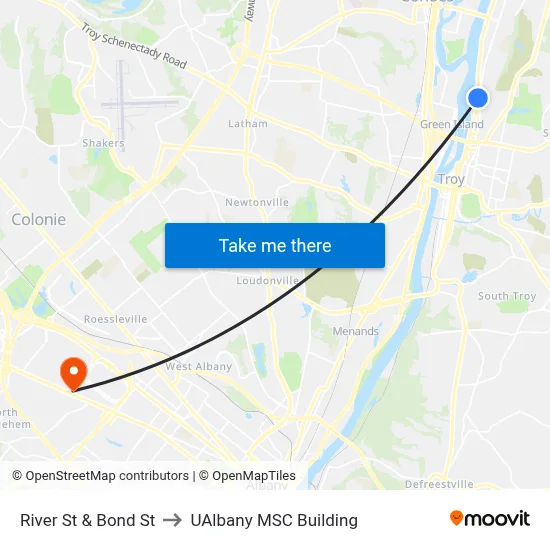 River St & Bond St to UAlbany MSC Building map