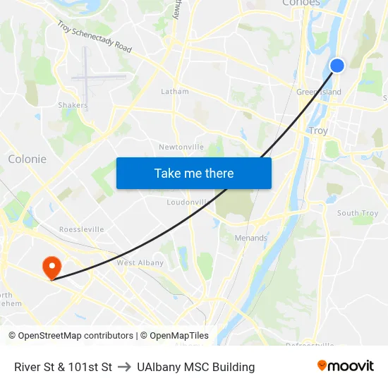 River St & 101st St to UAlbany MSC Building map