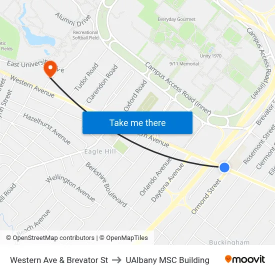 Western Ave & Brevator St to UAlbany MSC Building map