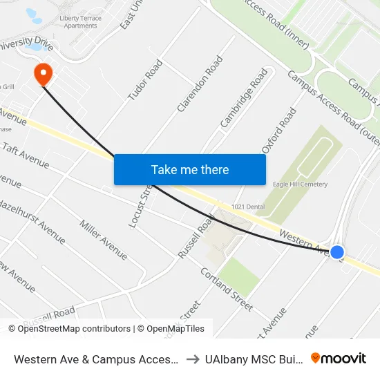 Western Ave & Campus Access Road to UAlbany MSC Building map