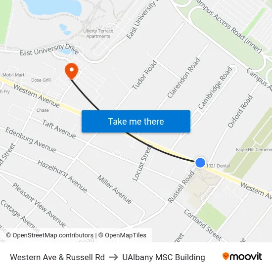 Western Ave & Russell Rd to UAlbany MSC Building map