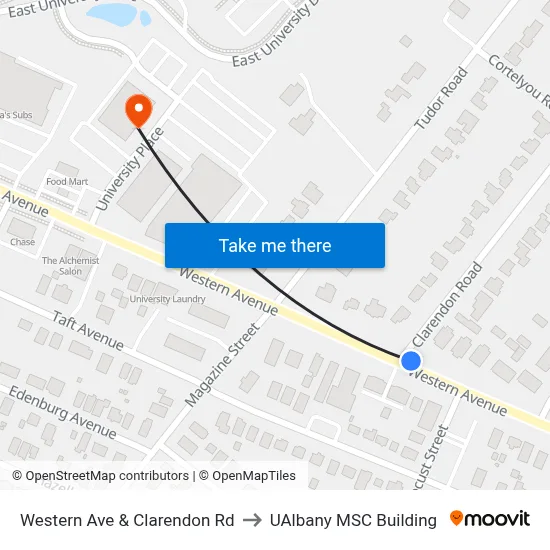 Western Ave & Clarendon Rd to UAlbany MSC Building map