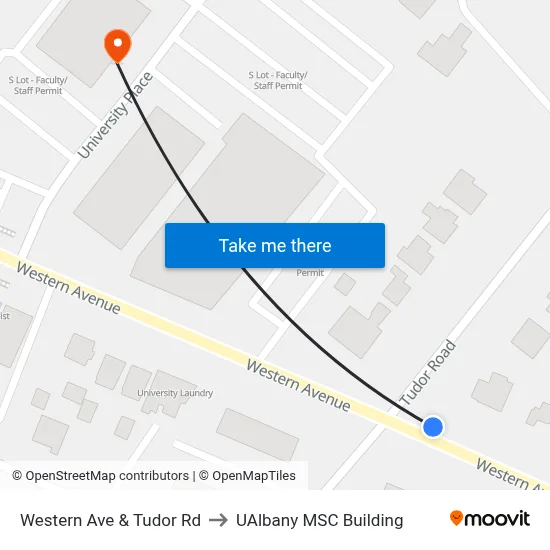 Western Ave & Tudor Rd to UAlbany MSC Building map