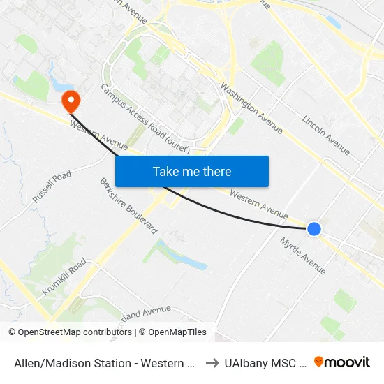 Allen/Madison Station - Western Ave & S. Allen St to UAlbany MSC Building map