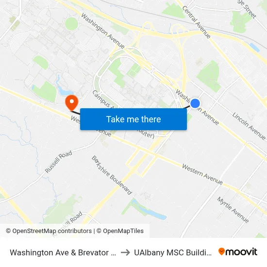 Washington Ave & Brevator St to UAlbany MSC Building map