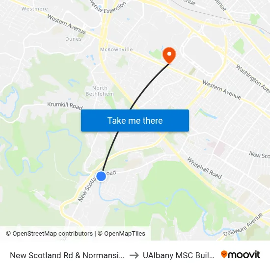 New Scotland Rd & Normanside Dr to UAlbany MSC Building map