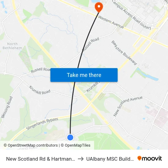 New Scotland Rd & Hartman Rd to UAlbany MSC Building map