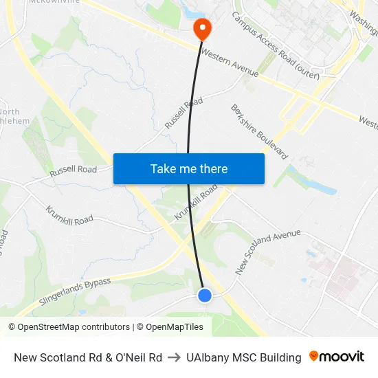New Scotland Rd & O'Neil Rd to UAlbany MSC Building map