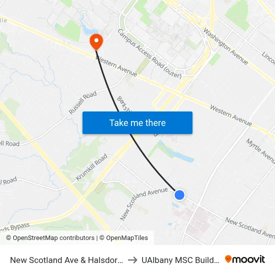 New Scotland Ave & Halsdorf St to UAlbany MSC Building map
