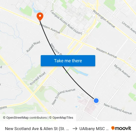 New Scotland Ave & Allen St (St. Peters Hospital) to UAlbany MSC Building map