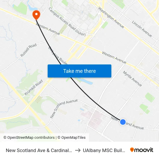 New Scotland Ave & Cardinal Ave to UAlbany MSC Building map