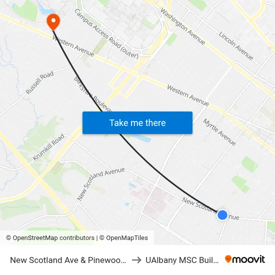 New Scotland Ave & Pinewood Ave to UAlbany MSC Building map