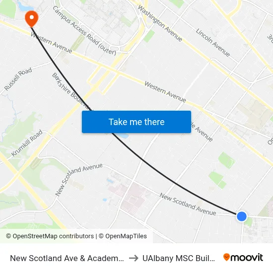 New Scotland Ave & Academy Rd to UAlbany MSC Building map
