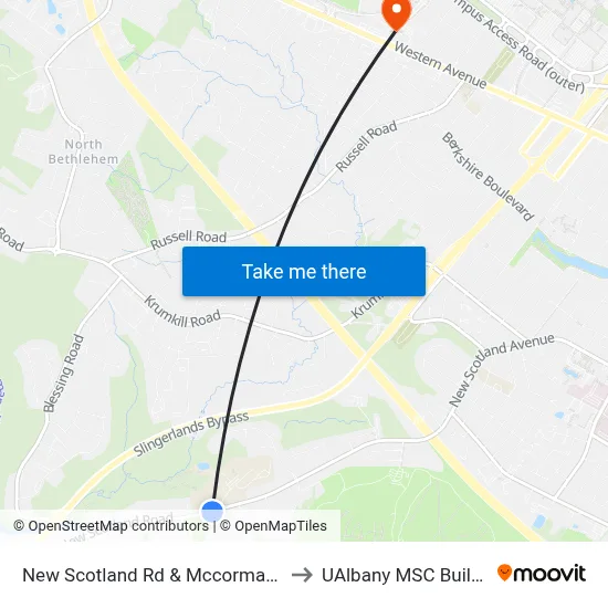 New Scotland Rd & Mccormack Rd to UAlbany MSC Building map