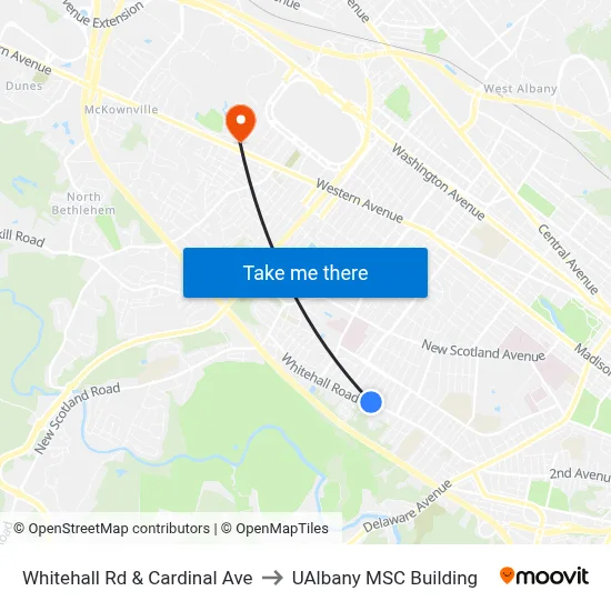 Whitehall Rd & Cardinal Ave to UAlbany MSC Building map
