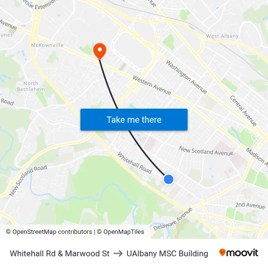 Whitehall Rd & Marwood St to UAlbany MSC Building map