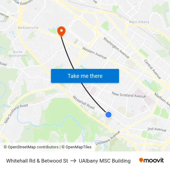 Whitehall Rd & Betwood St to UAlbany MSC Building map