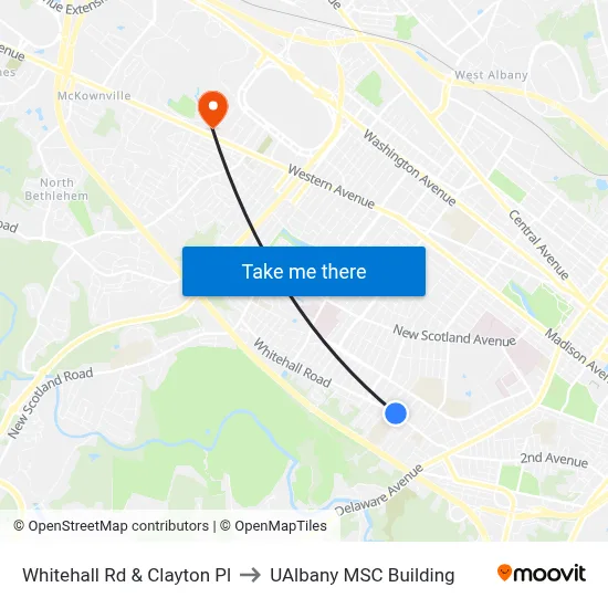 Whitehall Rd & Clayton Pl to UAlbany MSC Building map