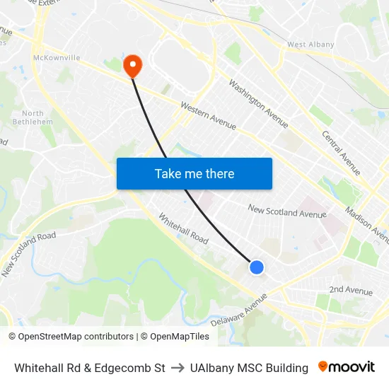 Whitehall Rd & Edgecomb St to UAlbany MSC Building map
