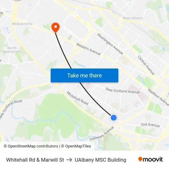 Whitehall Rd & Marwill St to UAlbany MSC Building map