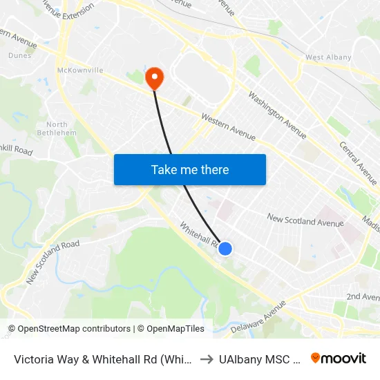 Victoria Way & Whitehall Rd (Whitehall Station) to UAlbany MSC Building map