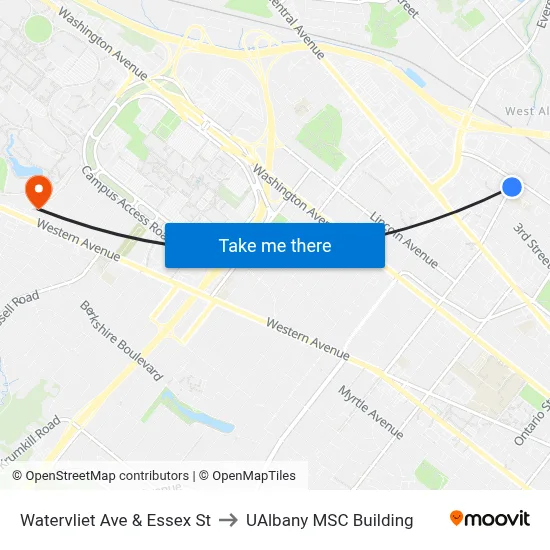 Watervliet Ave & Essex St to UAlbany MSC Building map