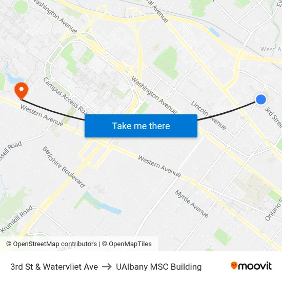 3rd St & Watervliet Ave to UAlbany MSC Building map