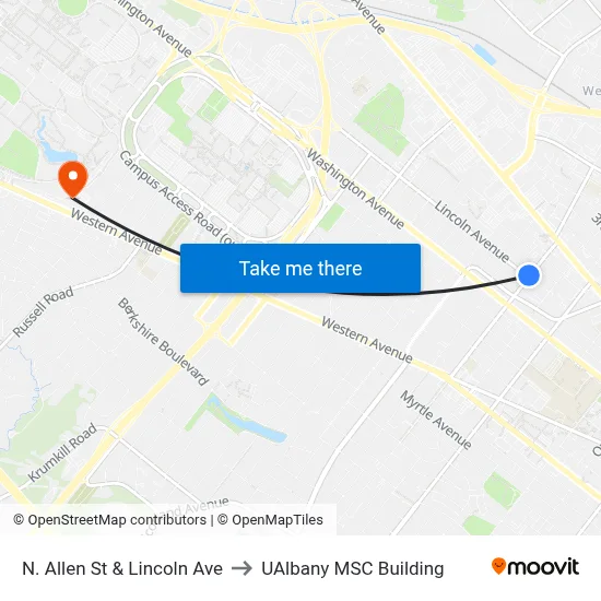 N. Allen St & Lincoln Ave to UAlbany MSC Building map