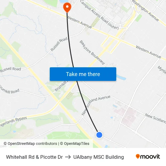 Whitehall Rd & Picotte Dr to UAlbany MSC Building map