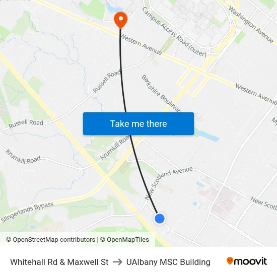 Whitehall Rd & Maxwell St to UAlbany MSC Building map