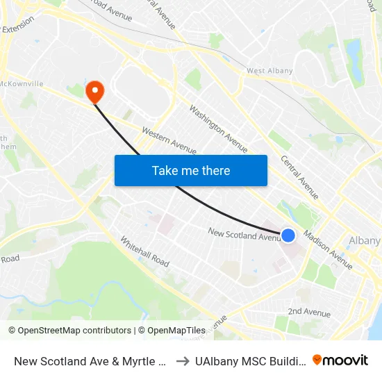 New Scotland Ave & Myrtle Ave to UAlbany MSC Building map