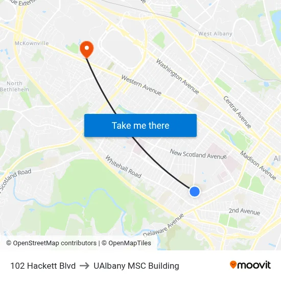 102 Hackett Blvd to UAlbany MSC Building map