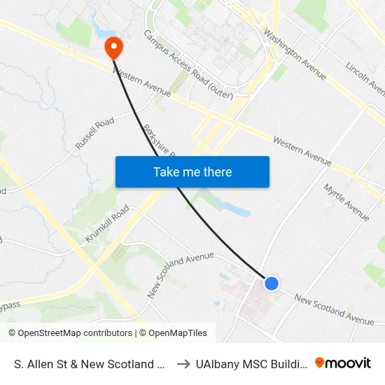 S. Allen St & New Scotland Ave to UAlbany MSC Building map