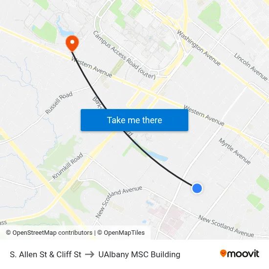 S. Allen St & Cliff St to UAlbany MSC Building map