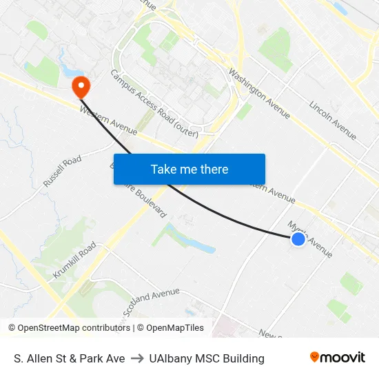 S. Allen St & Park Ave to UAlbany MSC Building map