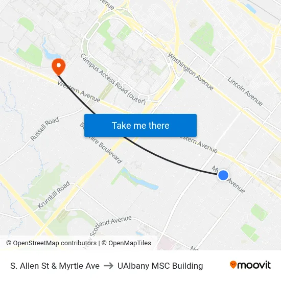 S. Allen St & Myrtle Ave to UAlbany MSC Building map
